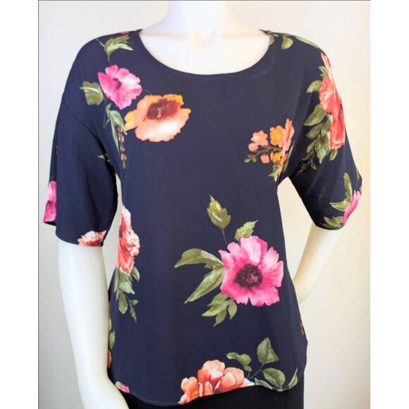 West Kei Floral Blouse Medium P Navy Pink Orange Green Tie Waist Half Sleeve - Picture 7 of 12